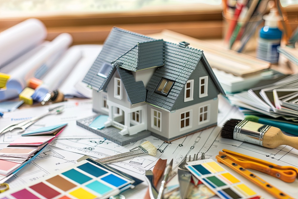 A model house sits on an architectural blueprint surrounded by various paint swatches, color palettes, brushes, and design tools. The scene represents a creative home renovation or interior design project.