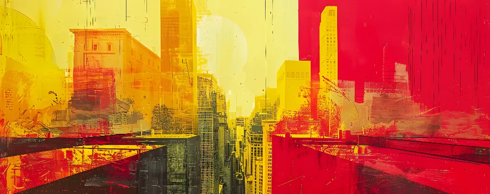 A cityscape with tall buildings painted in abstract red, yellow, and orange hues. The skyline features overlapping architectural elements, creating a vibrant, energetic atmosphere under a large sun in the background.